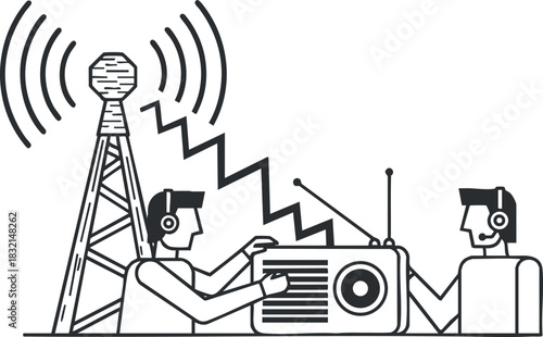 A radio broadcasting scene with two people operating a vintage radio and a transmission tower in outline vector style, ideal for communication and media projects