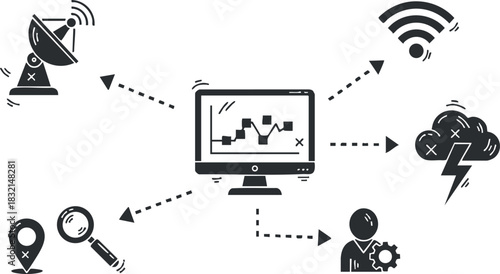 A collection of technology and communication icons including a computer, satellite, and cloud in flat modern vector style, suitable for digital communication and data analysis projects