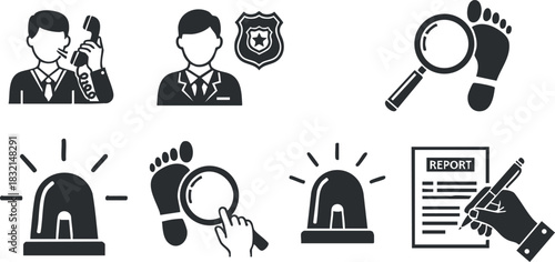 A collection of detective and police icons including a magnifying glass, footprints, report, and emergency siren in black and white vector style, perfect for law enforcement and investigation themes