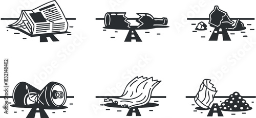 A collection of litter icons including a newspaper, broken bottle, plastic wrapper, and cans in black and white outline vector style, suitable for environmental awareness campaigns