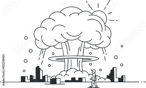 A surreal illustration of a nuclear explosion cloud over a city skyline in minimalist outline vector style, suitable for environmental themes and graphic design