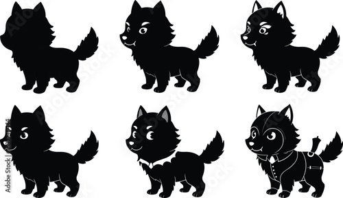 Cartoon Dog Character Design Progression from Sketch to Formal Suit, Black Silhouette with Yellow Eyes, Stylized Poses, Creative Development