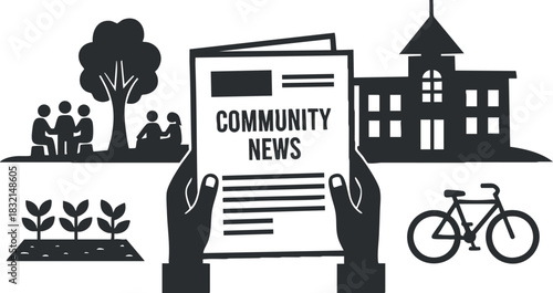 A newspaper titled 'Community News' held by hands with illustrations of people, a school, plants, and a bicycle in black and white vector style, ideal for community outreach projects