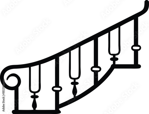 Elegant curved staircase railing with decorative balusters, classic architectural design element