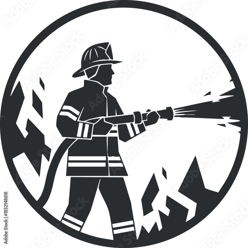 A firefighter using a hose to extinguish flames in a black and white vector style, suitable for emergency services branding