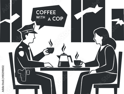 A police officer and a woman enjoying coffee together at a table in black and white vector style, perfect for community engagement themes