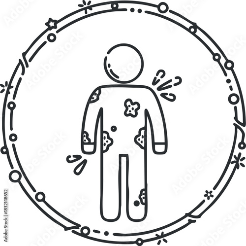 A stick figure person with spots indicating illness in a minimalist outline vector style, ideal for health and medical graphics