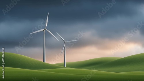 Tall wind turbines stand on rolling green hills while their blades rotate slowly through the frames, showing steady renewable energy production under a moody sky with soft evening light.