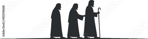 A silhouette of three men walking in a line in black and white minimalist vector style, ideal for spiritual themes and storytelling