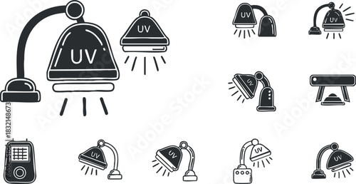 A set of various UV lamps in black and white outline vector style, suitable for health and beauty applications