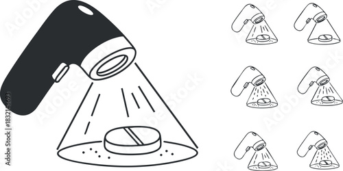 A shower head with illumination in minimalist outline vector style, suitable for bathroom design and lighting solutions