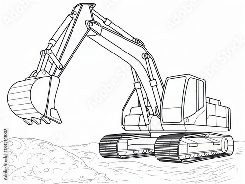 Detailed Black and White Line Art Drawing of Sturdy Heavy Duty Construction Excavator with Large Raised Front Bucket Articulated Arm Thick Crawler Tracks on Gravel Terrain