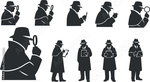 A collection of detective silhouettes with magnifying glasses and notepads in minimalist black vector style, ideal for mystery and crime-themed designs