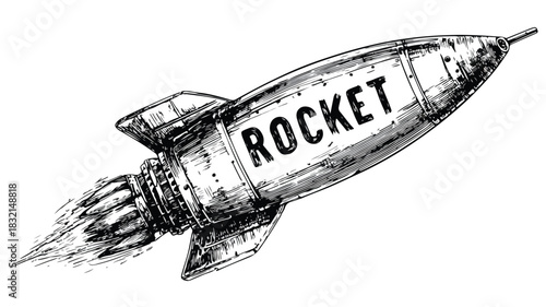 Rocket Illustration with Bold 'Rocket' Word on Vector Background