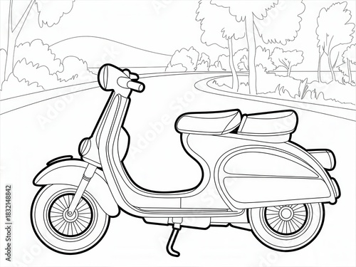 Detailed Black and White Line Art Drawing of Vintage Scooter with Rounded Curves Classic Retro Silhouette Side View