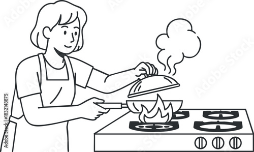 A woman cooking on a gas stove, lifting a lid off a pan, in black outline vector style, ideal for culinary illustrations