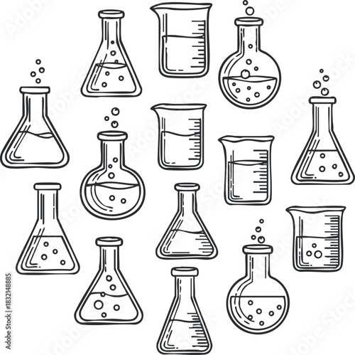 A collection of various laboratory glassware including flasks and beakers in black outline minimalist vector style, suitable for educational materials and scientific projects