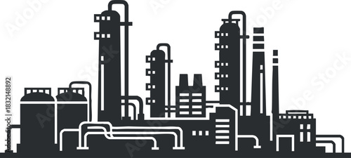 An industrial skyline featuring factories, smokestacks, and pipelines in black outline vector style, ideal for engineering and manufacturing visuals