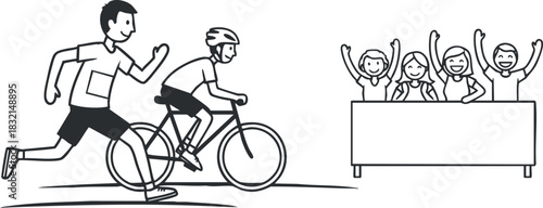 A cyclist racing on a bicycle with cheering spectators in minimalist black and white vector style, suitable for sports event promotions