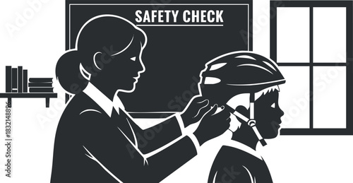 An adult checking a child's helmet fit in black and white vector style, ideal for educational and safety awareness projects