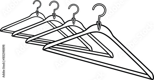 Outline vector illustration of four empty clothing hangers lined up in a row for display