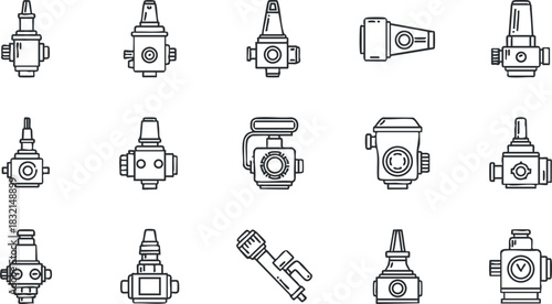 A collection of industrial valve icons in clean outline vector style, suitable for engineering and technical design projects