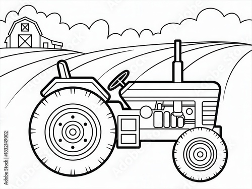 Detailed Black and White Line Art of Classic Farm Tractor with Large Rear Wheels on Plowed Field Near Barn Under Cloudy Horizon