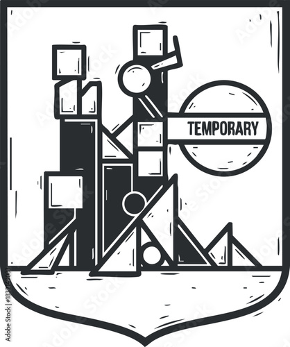 A temporary construction sign with geometric shapes and bold outlines in black and white vector style, suitable for construction or safety branding