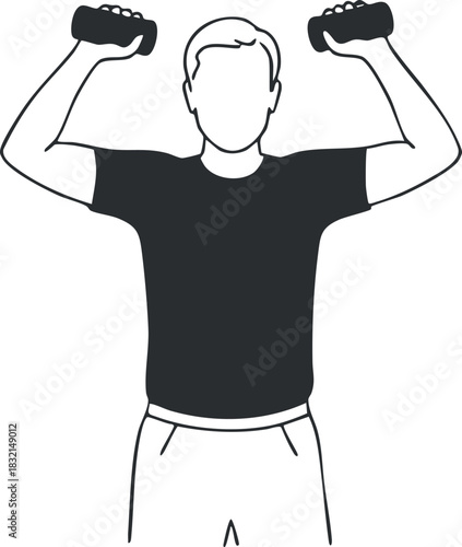 A man performing a weightlifting exercise with dumbbells in a clean outline vector style, suitable for fitness and health-related projects