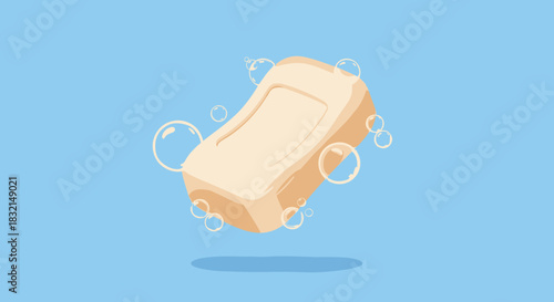 A light beige bar of soap is depicted with bubbles floating around it against a bright blue background.