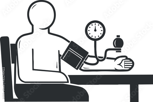 A medical illustration of a person sitting at a table with a blood pressure monitor on their arm in flat vector style, ideal for healthcare and wellness projects