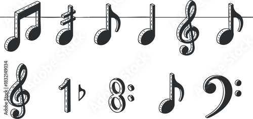 A set of musical notes including treble and bass clefs in black and white vector style, ideal for music-related designs