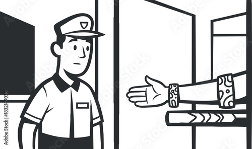 A security officer gesturing towards an entrance in minimalist black and white vector style, ideal for safety and access control themes