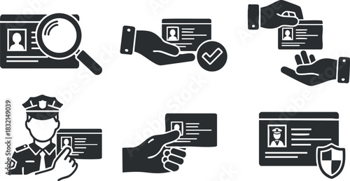 A set of police and identity verification icons in flat black and white vector style, ideal for security and law enforcement applications