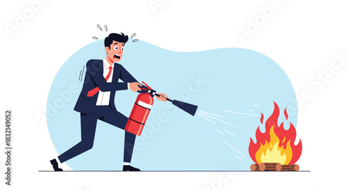 A frightened businessman in a suit attempts to extinguish a large bonfire with a red fire extinguisher.