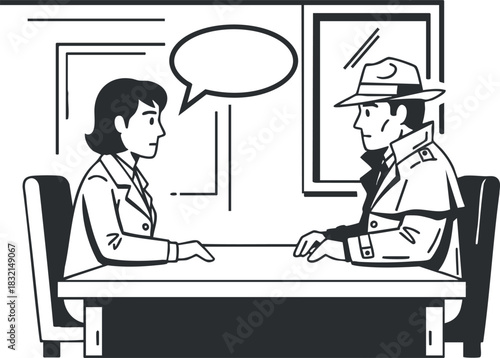 A conversation between a man in a detective hat and a woman in a suit in a minimalist black and white vector style, ideal for storytelling and business themes