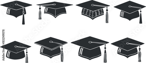 A set of graduation caps with tassels in black vector style, ideal for educational designs and graduation announcements