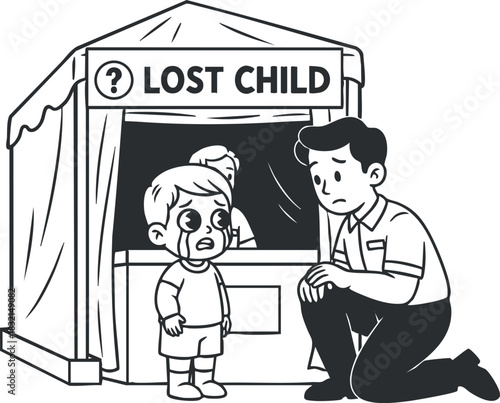 A lost child crying at a help tent with an adult comforting him in black and white minimalist vector style, ideal for safety awareness campaigns