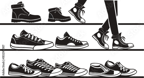 Footwear collection: graphic black and white shoes, sneakers, boots, and legs on steps art