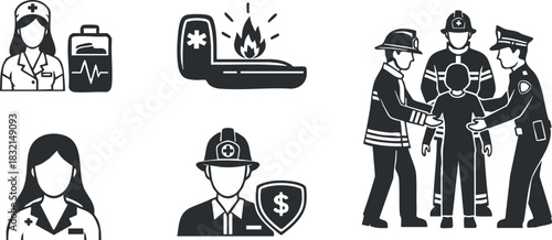 A collection of emergency service icons including a nurse, ambulance, firefighter, police officer, and medical symbols in black and white vector style, ideal for healthcare and safety designs
