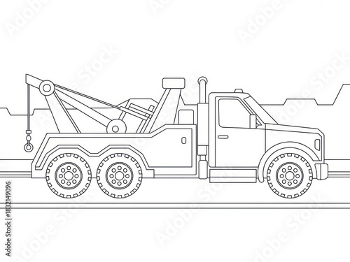 Detailed Black and White Line Art of Heavy Duty Tow Truck with Large Dual Rear Wheels Strong Chassis Towing Hook Boom and Cab Side Profile View