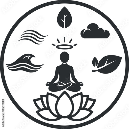 A meditative figure surrounded by nature elements like waves, leaves, and clouds in a black and white vector style, ideal for wellness and mindfulness projects
