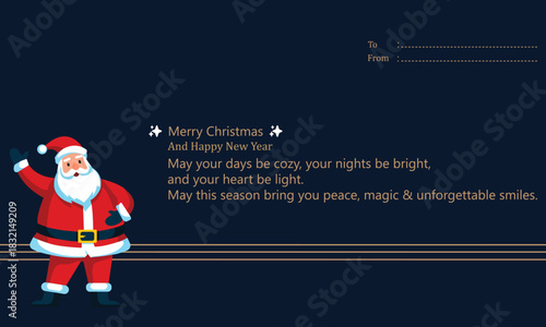 Santa Claus wishes Merry Christmas and Happy New Year with cozy days, bright nights, light hearts, peace, magic, and smiles on a stylish blue card