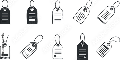A set of various tags and labels in black and white minimalist vector style, suitable for retail and branding projects