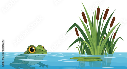 A green frog peeks out of the water with cattails and lily pads in the background.