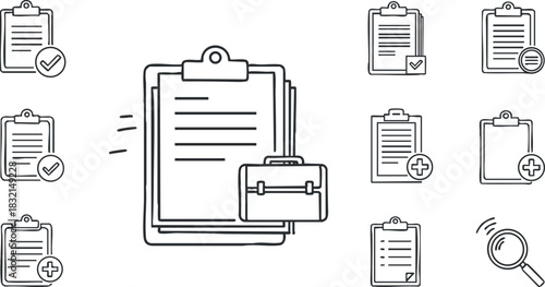 A set of clipboards with documents and checkmarks in minimalist line art vector style, ideal for business and office presentations