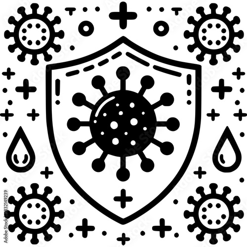 Immunity Icon with Shield and Virus - Minimalist Black and White Outline Design for Health and Protection