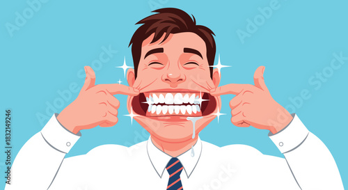 Man showing off his perfectly white, sparkling teeth with a huge grin.