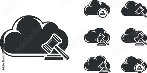 A set of cloud and gavel icons in black and white outline vector style, ideal for legal and technology themes