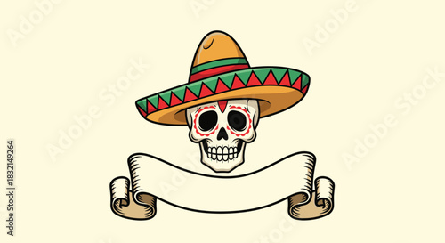 Cartoon skull wearing a sombrero and decorated with sugar skull face paint above a banner.